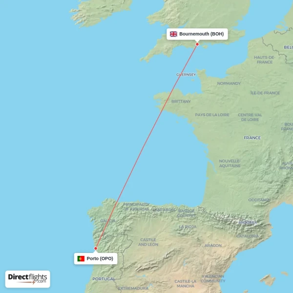Porto - Bournemouth direct flight map