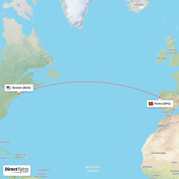Porto - Boston direct flight map