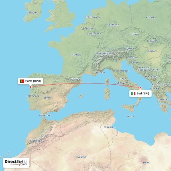 Porto - Bari direct flight map