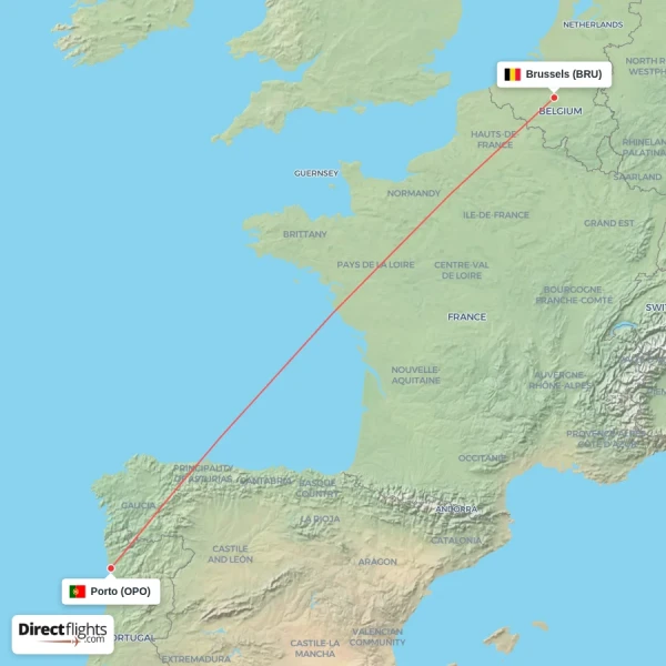 Porto - Brussels direct flight map