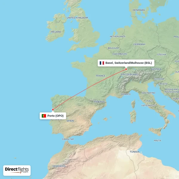 Porto - Basel, Switzerland/Mulhouse direct flight map