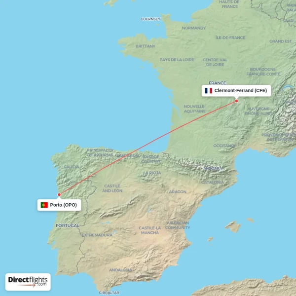 Porto - Clermont-Ferrand direct flight map