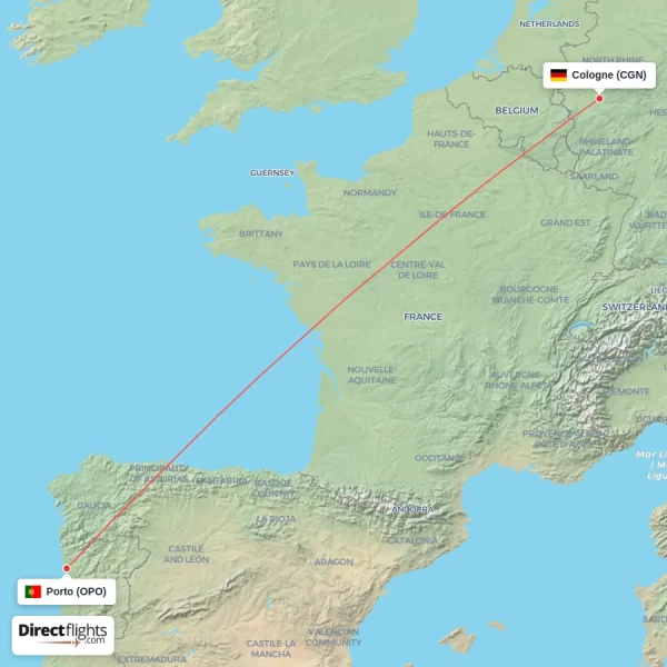 Porto - Cologne direct flight map