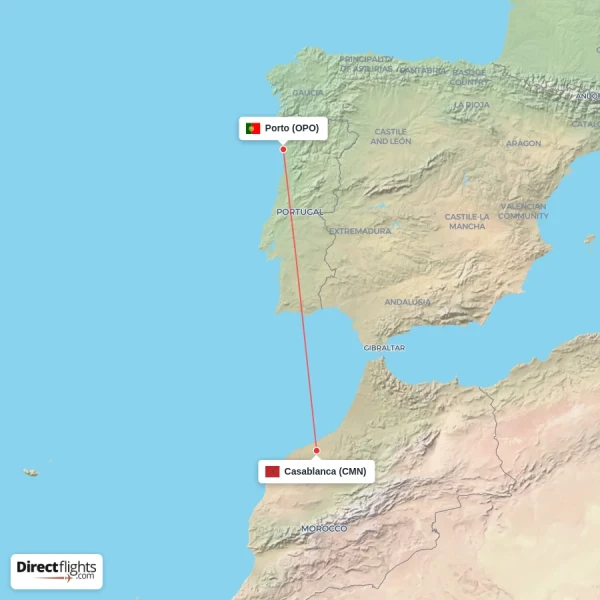 Porto - Casablanca direct flight map