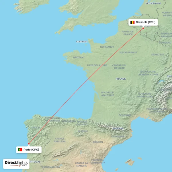 Porto - Brussels direct flight map