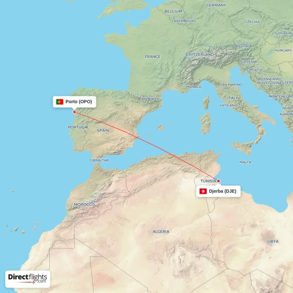 Porto - Djerba direct flight map