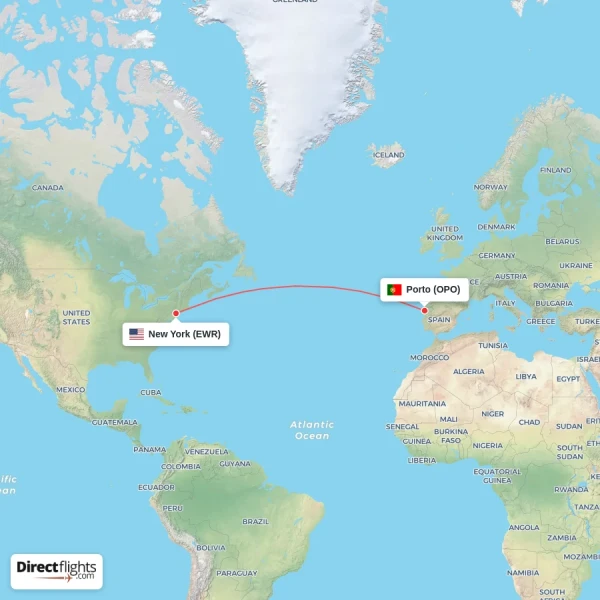 Porto - New York direct flight map