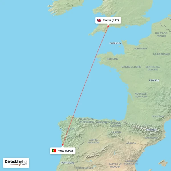 Porto - Exeter direct flight map