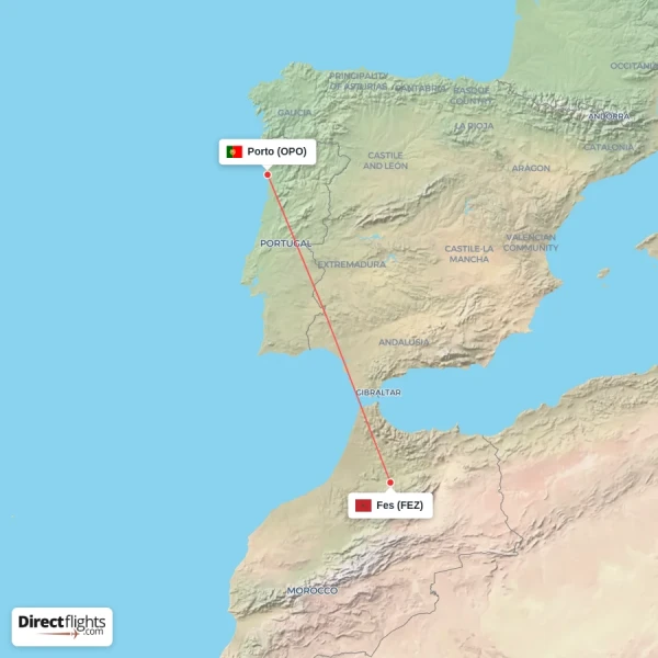 Porto - Fes direct flight map