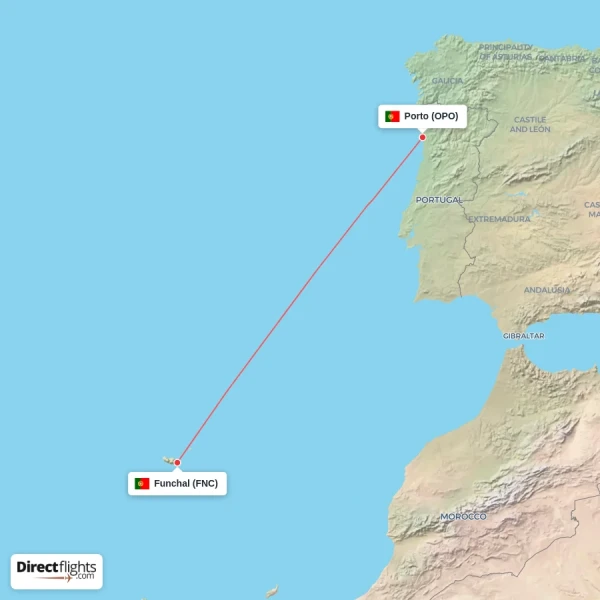 Porto - Funchal direct flight map