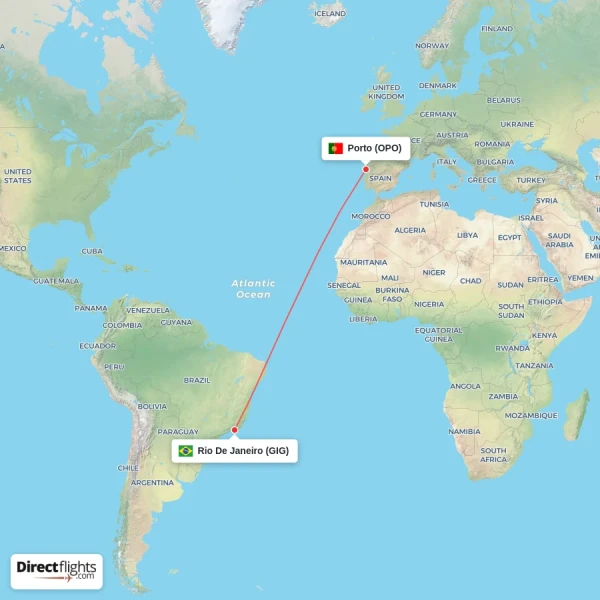 Porto - Rio De Janeiro direct flight map