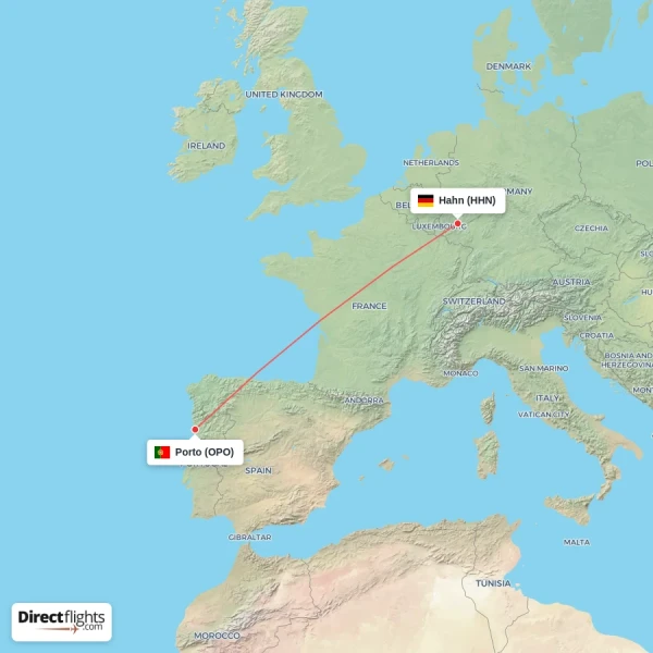 Porto - Hahn direct flight map