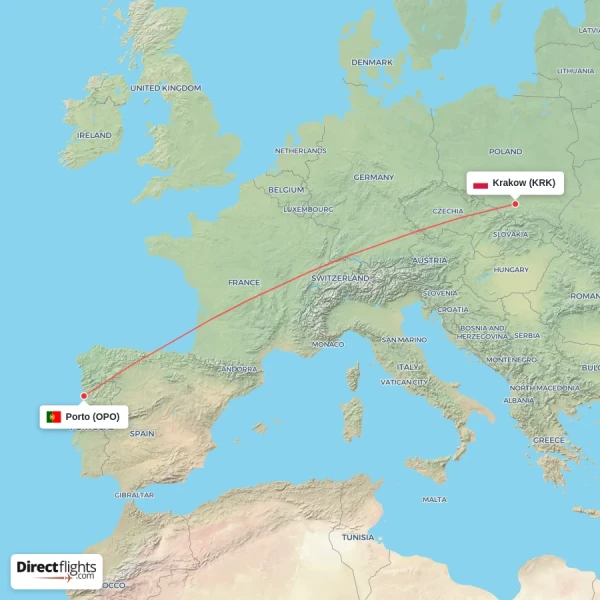 Porto - Krakow direct flight map
