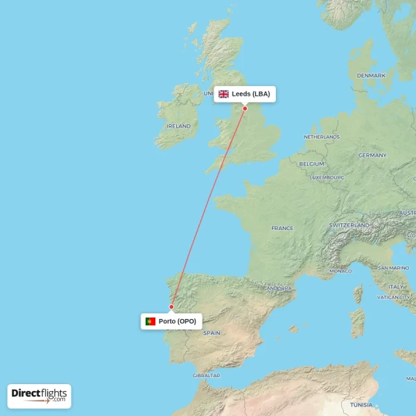 Porto - Leeds direct flight map