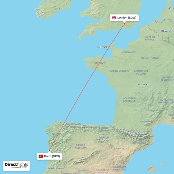 Porto - London direct flight map