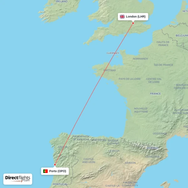 Porto - London direct flight map