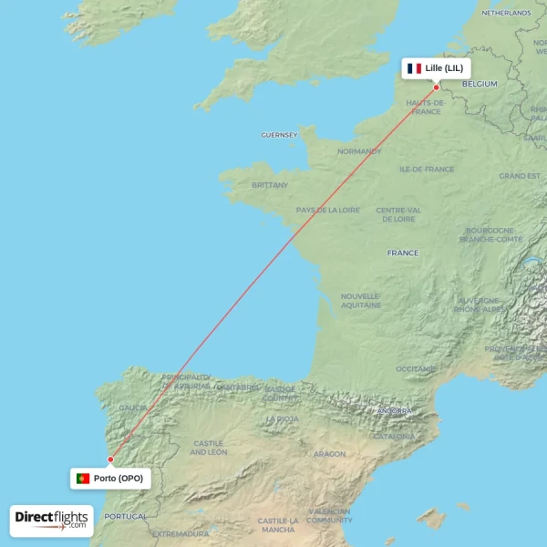 Porto - Lille direct flight map