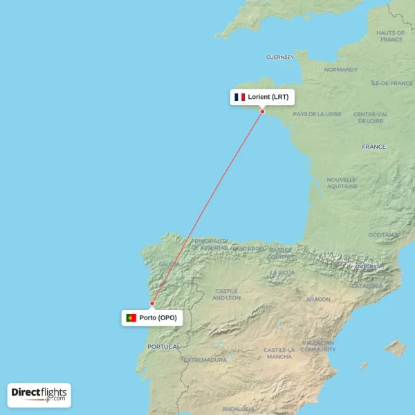 Porto - Lorient direct flight map