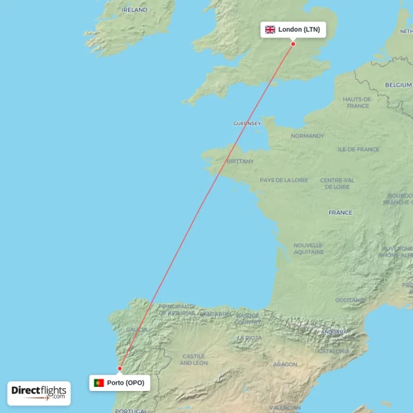 Porto - London direct flight map