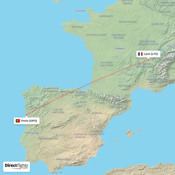 Porto - Lyon direct flight map