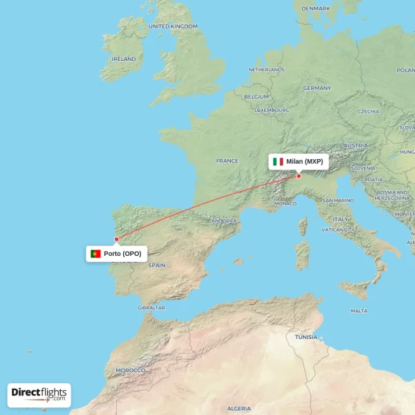 Porto - Milan direct flight map