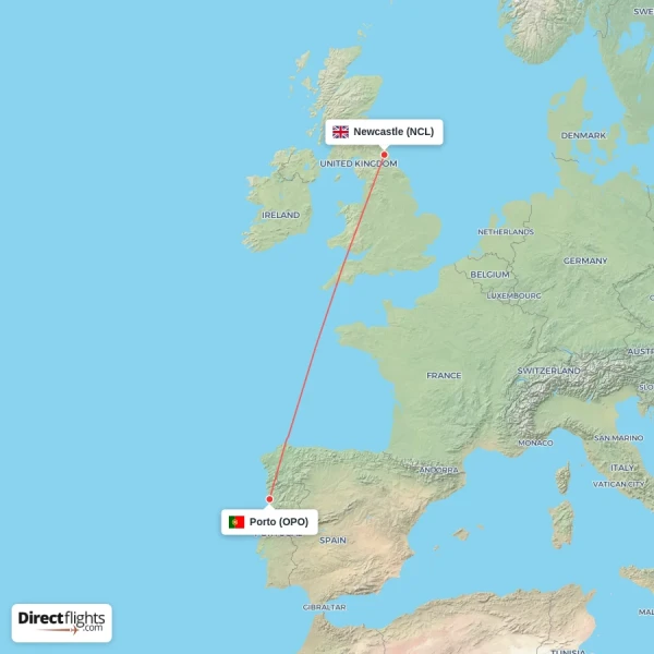 Porto - Newcastle direct flight map
