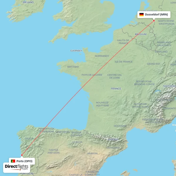 Porto - Dusseldorf direct flight map