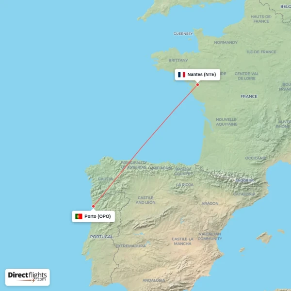 Porto - Nantes direct flight map