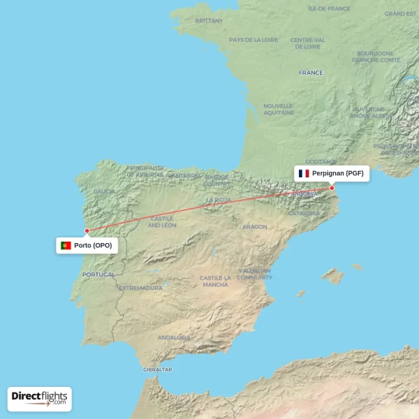 Porto - Perpignan direct flight map