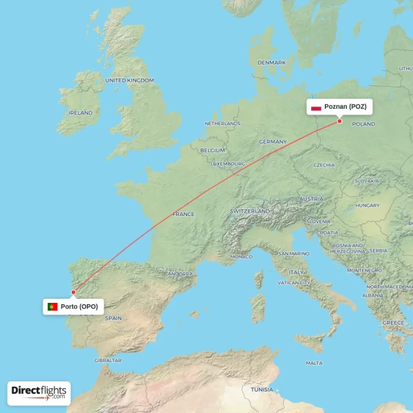 Porto - Poznan direct flight map