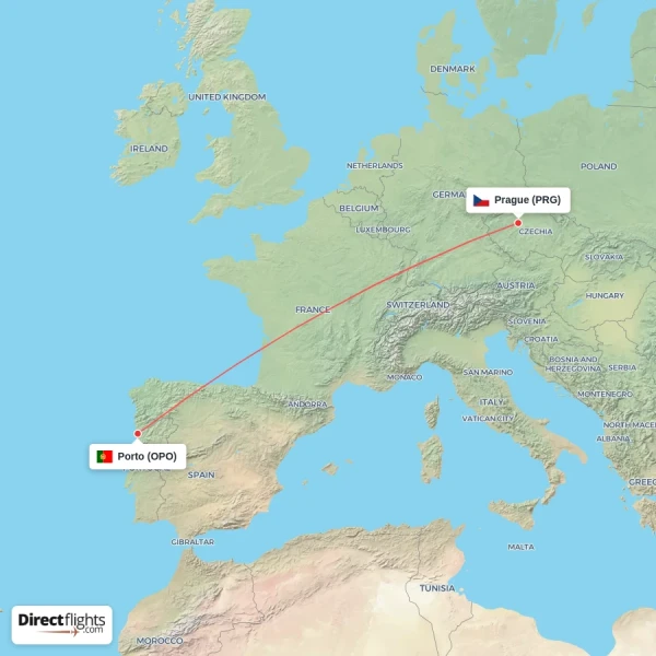 Porto - Prague direct flight map