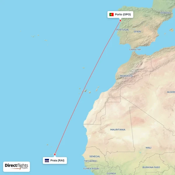 Porto - Praia direct flight map