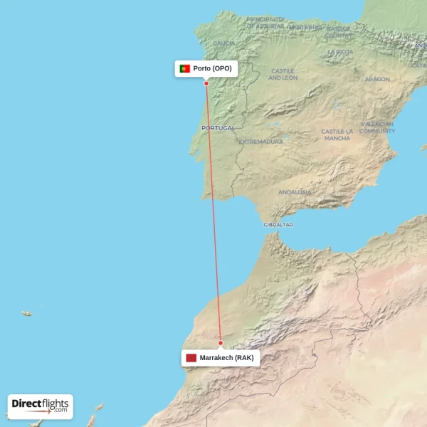 Porto - Marrakech direct flight map