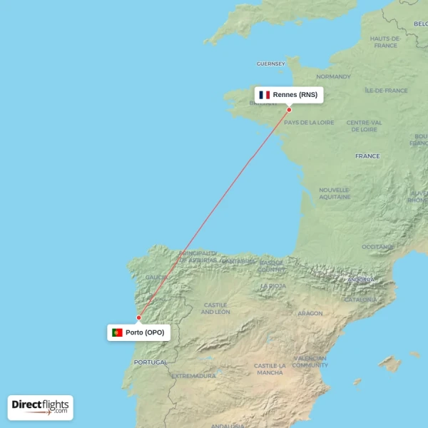 Porto - Rennes direct flight map