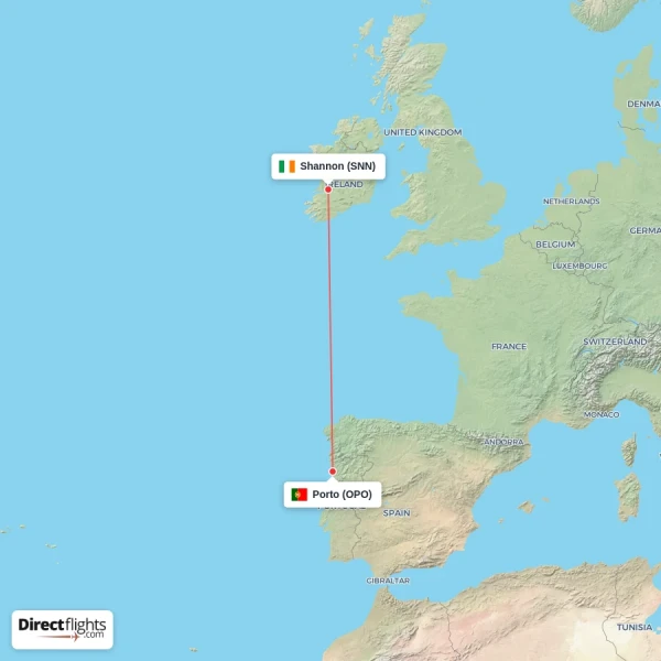 Porto - Shannon direct flight map