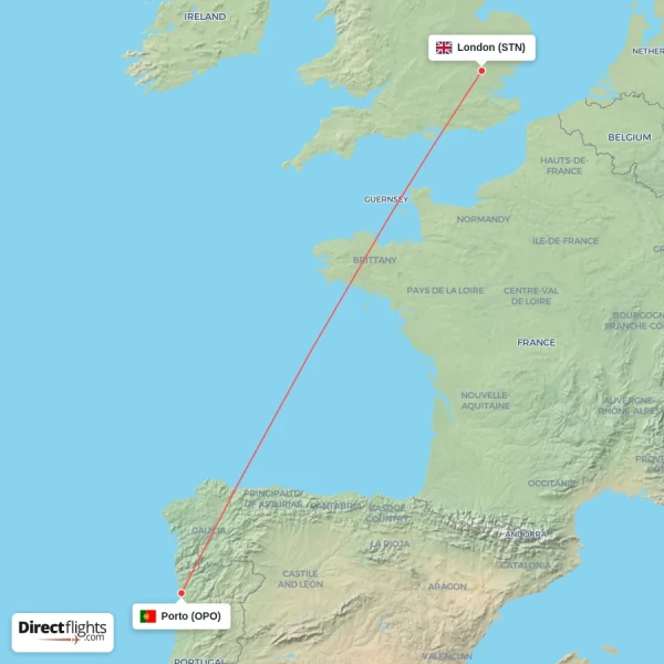 Porto - London direct flight map