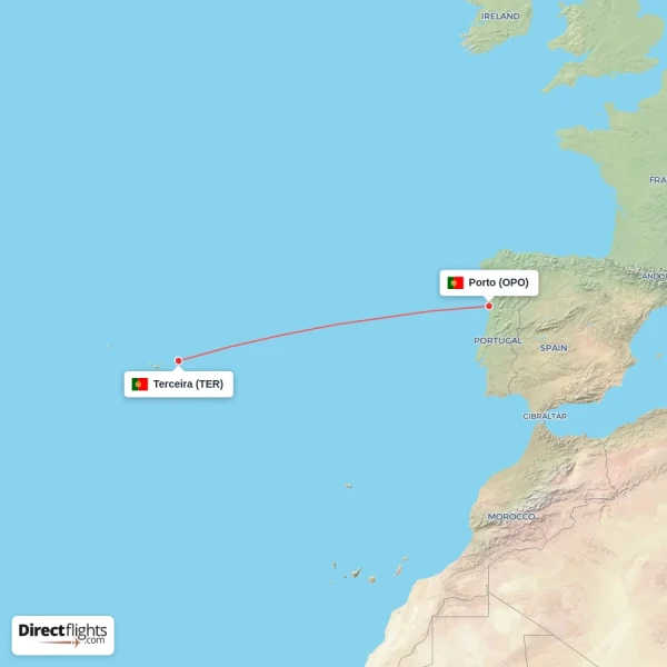 Porto - Terceira direct flight map