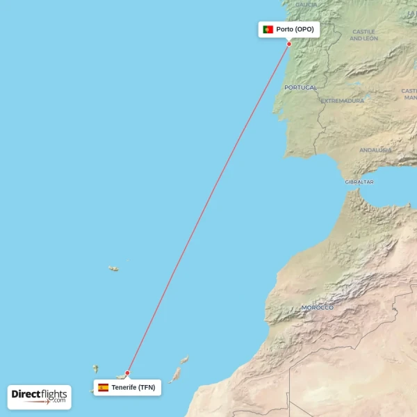 Porto - Tenerife direct flight map