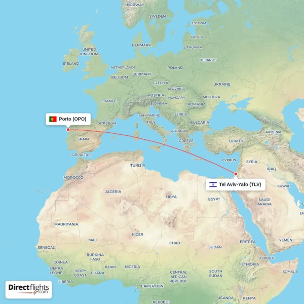 Porto - Tel Aviv-Yafo direct flight map