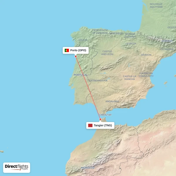 Porto - Tangier direct flight map