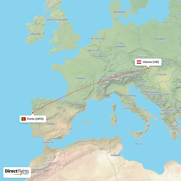 Porto - Vienna direct flight map