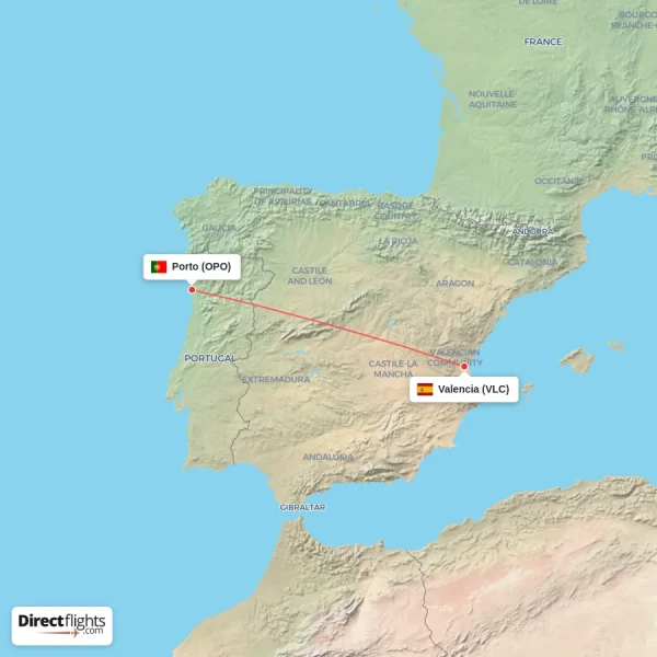 Porto - Valencia direct flight map