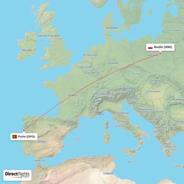 Porto - Modlin direct flight map