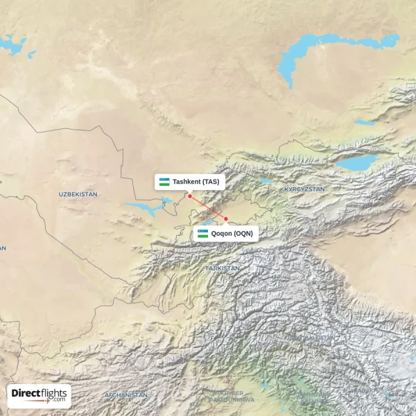 Qoqon - Tashkent direct flight map