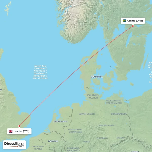 Orebro - London direct flight map