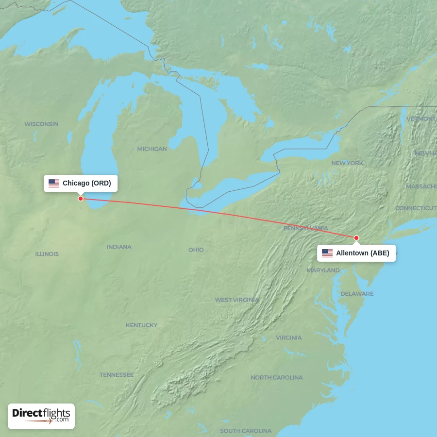 ORD - ABE route map
