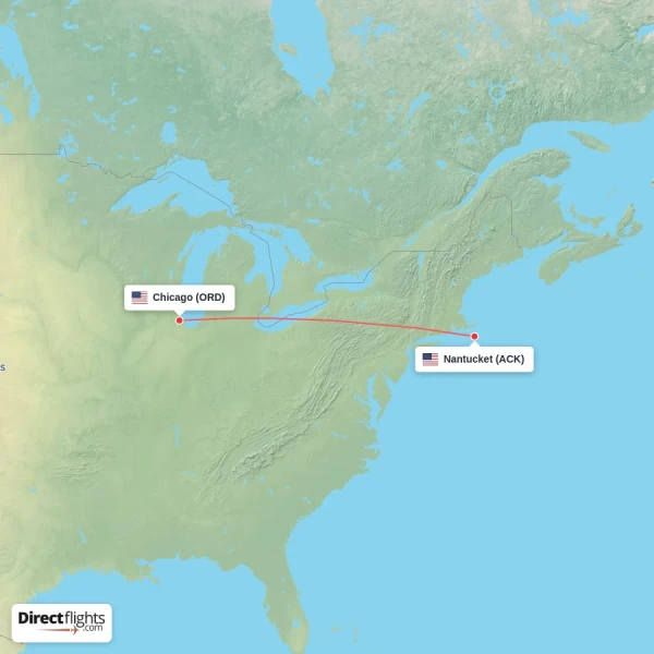 Chicago - Nantucket direct flight map