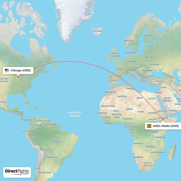 Chicago - Addis Ababa direct flight map