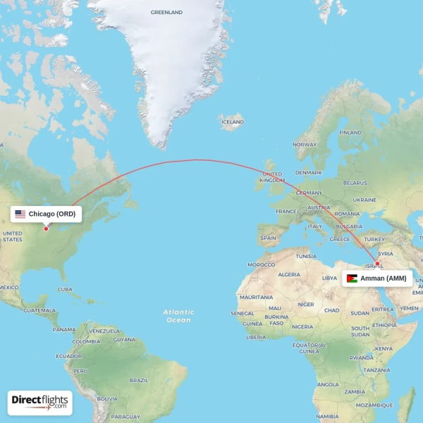 Chicago - Amman direct flight map