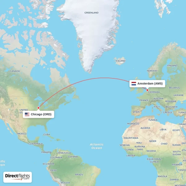 Chicago - Amsterdam direct flight map